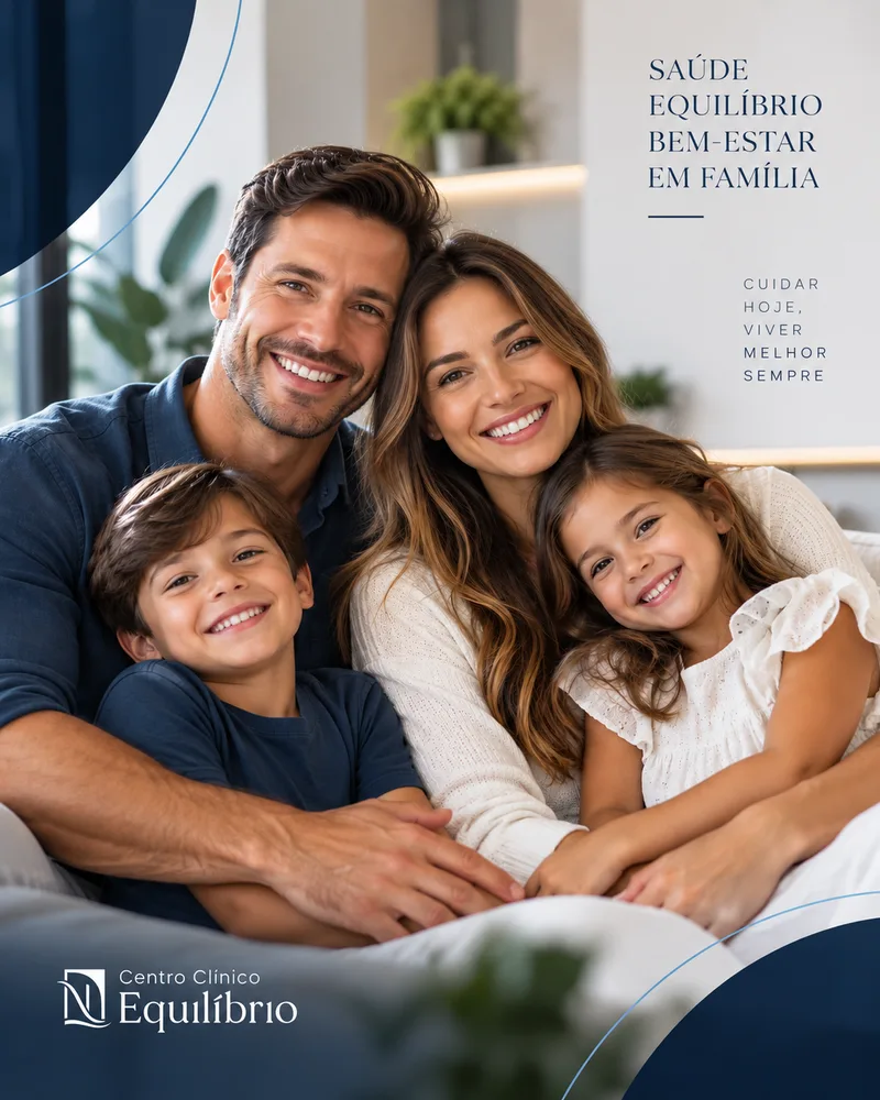 Família sorrindo no sofá com a marca Centro Clínico Equilíbrio: saúde, equilíbrio e bem-estar em família